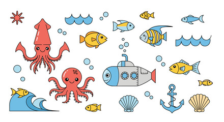 An ocean adventure with a happy squid and octopus exploring the sea.