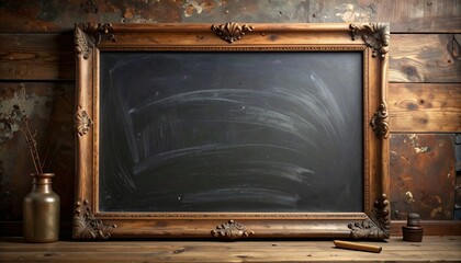 Vintage chalkboard with ornate wooden frame, faint chalk marks, and rustic tabletop items including bottle, brush, and chalk, evoking nostalgic classroom ambiance.