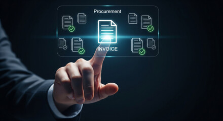 Dramatic Dark Background with Professional Hand Interacting with Transparent Invoice Icons and “Procurement” Label