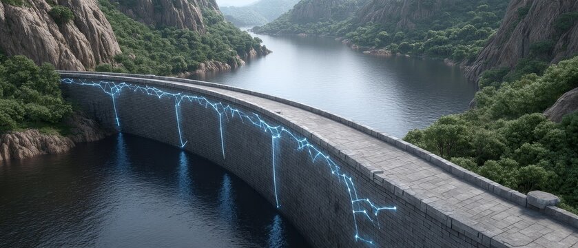 Digital network connection at a futuristic dam abstract data visualization in a natural environment