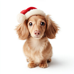 Cute small dog wearing red Christmas hat with big eyes