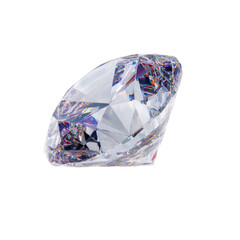 Sparkling Clear Cut Diamond Gemstone on White Background with Colorful Reflective Patterns