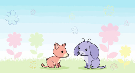 Adorable Cartoon Dogs Playfully Interacting Amidst Whimsical Floral Backdrop
