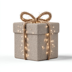 Natural textured gift box with twine bow and glowing lights