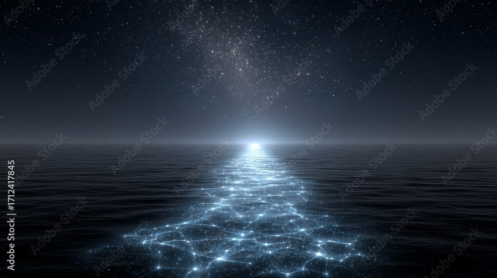 Poster digital network connections across an ocean abstract data pathways serene environment gigapixel view