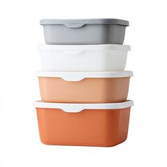 Stacked plastic food storage containers in neutral colors with lids