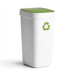 Recycling bin with green lid and eco symbol on white background