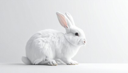 Obraz premium A white rabbit sits calmly on a smooth surface—its fluffy fur, upright ears, and soft gaze evoke purity, gentle presence, and the rhythm of minimalist serenity against a clean white backdrop.