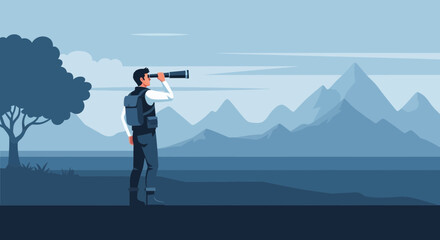 Obraz premium A Adventurous Explorer Gazing Beyond Mountains Using A Telescope For Guidance