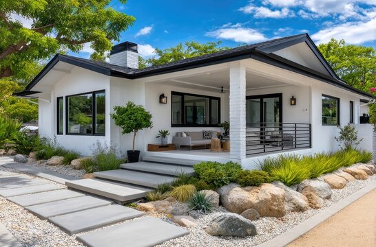 modern home in san diego. the home has white walls and a blue roof, with black accents
