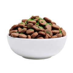 Fototapeta premium Close-Up of Delicious Brown Dog Food Kibble in White Bowl with Green Herb Garnish on Isolated Background