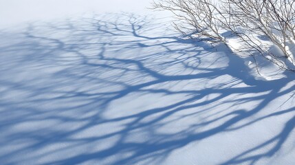 Bare tree branches casting long shadows on a bright white snow-covered ground winter
