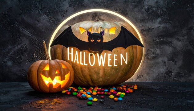 A glowing jack-o'-lantern smiles beside scattered candies as a black bat flies above—set against a dark backdrop with “HAPPY HALLOWEEN” in orange, evoking festive fright and playful celebration.