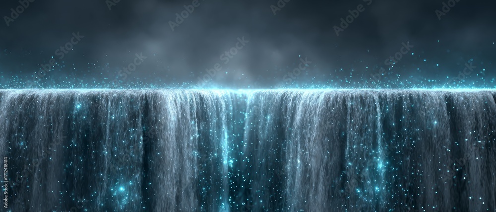 Poster cascading digital waterfall connects abstract data in a glowing holographic network environment