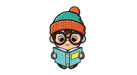 Cute cartoon boy character wearing a cozy knitted hat and glasses, happily engaged in reading a book, symbolizing education, knowledge, and childhood learning