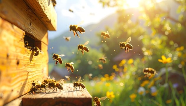 A sunny day reveals a vibrant swarm of bees flying from a wooden beehive to a field of flowers.