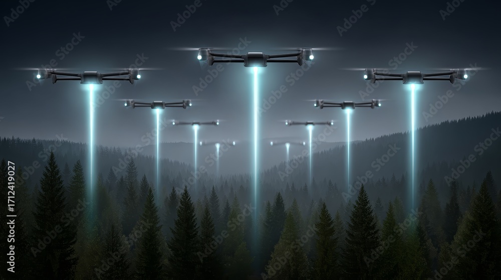 Aufkleber drones in the sky a digital network connecting gigapixel data above the forest at night