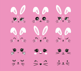 Minimalist Cat Face Line Art Design cute kitten. Cute white bunny easter cartoon kit set. Collection of design objects: ears, faces, different emotions, tummies, eyes, mustaches, noses isolated