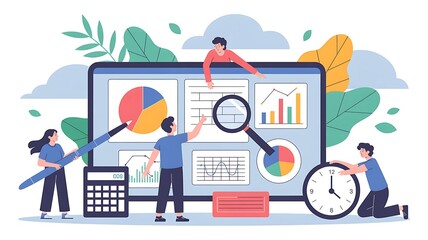 Team analyzing digital data and financial reports displayed on tablet screen with charts graphs and statistics