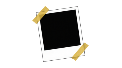 Retro instant photo frame with blank black space attached with yellow tape isolated on transparent background