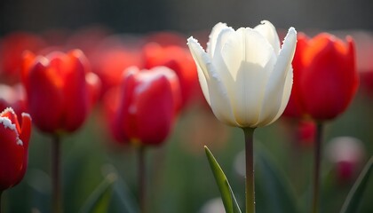Fototapeta premium Stunning white tulip stands out amongst vibrant red flowers in a sunlit garden field