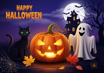 Vibrant Halloween illustration featuring a carved pumpkin, black cat, ghost, and haunted house under a full moon, perfect for seasonal decorations and festive designs