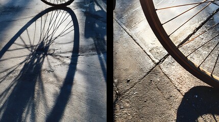 Bicycle wheel and shadow on textured concrete ground image
