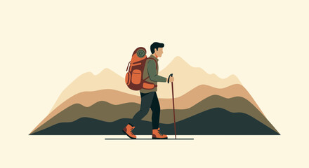Adventurous Hiker Traversing Mountainous Terrain Amidst Evocative Landscape Illustration