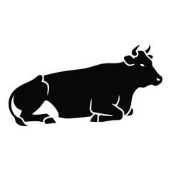 Silhouette of a cow resting peacefully in a pasture full of greenery and farm life silhouette