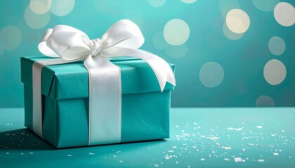 A turquoise gift box with a white ribbon bow sits against a matching bokeh-lit backdrop—evoking festive elegance, celebratory charm, and the soft anticipation of a meaningful surprise.