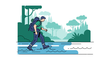 Adventurer Crossing Waters, Exploring Nature in Simplified Illustration Style Design