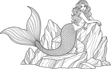Beautiful fantasy mermaid illustration sitting on rocks with long flowing hair, detailed fish tail scales, mythical sea creature, black white drawing