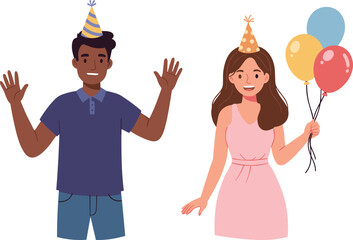 Party celebration illustration, happy characters, birthday balloons, festive hats, cheerful people, fun event, kids party, colorful design, joyful gathering, vector artwork