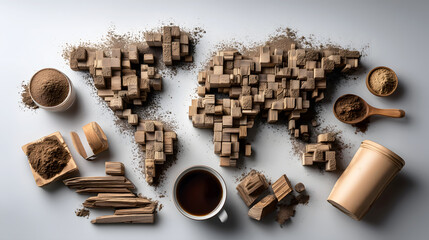 Global Coffee Trade: World Map Formed with Wooden Blocks and Coffee