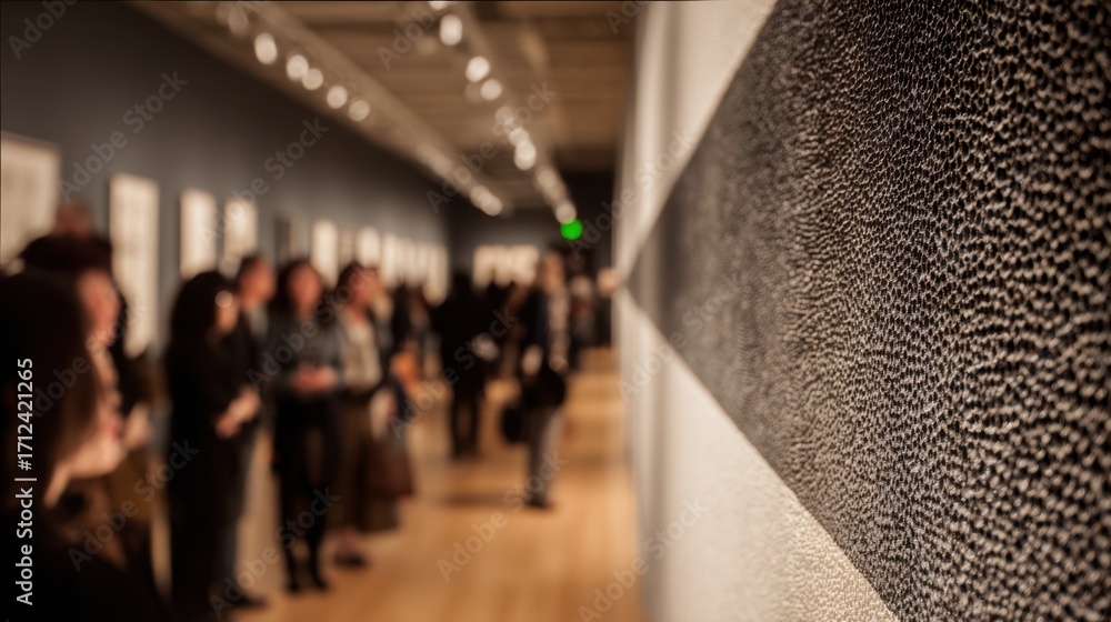 Aufkleber Medium frame featuring a textured wall installation in crisp detail with the rest of the gallery space and onlookers rendered softly out of focus.