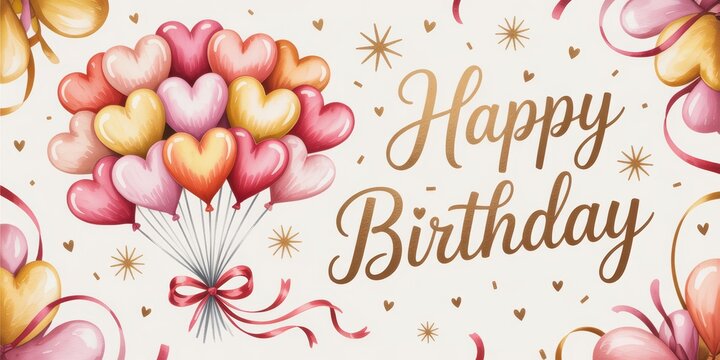Delightful happy birthday greeting card featuring a heart balloon bouquet and celebratory elements