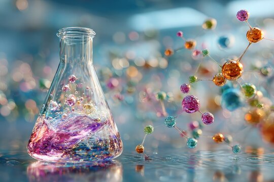 Colorful scientific flask with vibrant liquids and floating molecular structures in a bright laboratory environment, illustrating chemistry and research concepts, showcasing creativity and discovery.