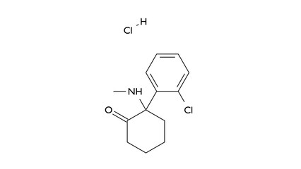 ketamine hydrochloride molecule, structural chemical formula, ball-and-stick model, isolated image dissociative anesthetic