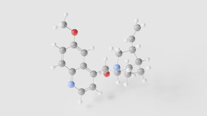 quinidine molecule 3d, molecular structure, ball and stick model, structural chemical formula antiarrhythmic drug