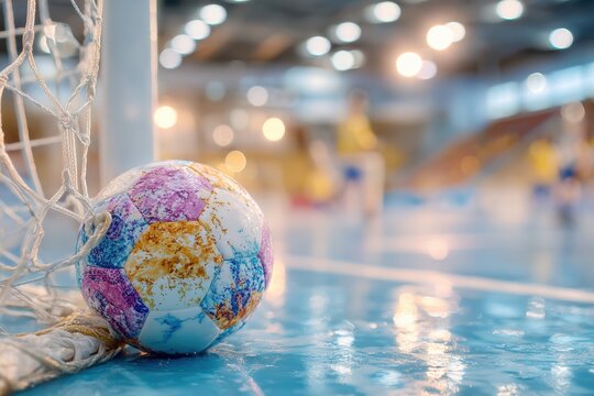 Colorful soccer ball resting near goalpost in indoor sports hall, showcasing vibrant patterns and reflections on shiny blue floor, hinting at dynamic athletic activity.