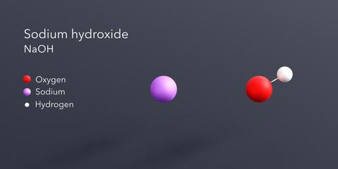 Sodium hydroxide molecule 3d rendering, flat molecular structure with chemical formula and atoms color coding