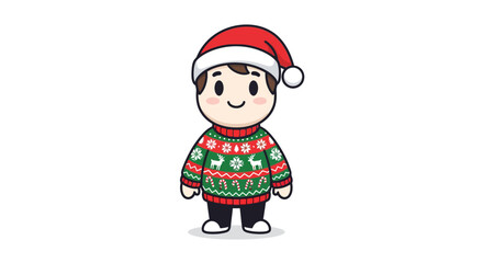 Fototapeta premium Cute cartoon boy wearing a festive Christmas sweater and Santa hat, celebrating holiday cheer and winter traditions
