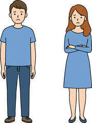 Sad couple illustration, unhappy man and woman, relationship conflict, emotional expression, cartoon characters, flat style design, argument scene, vector art