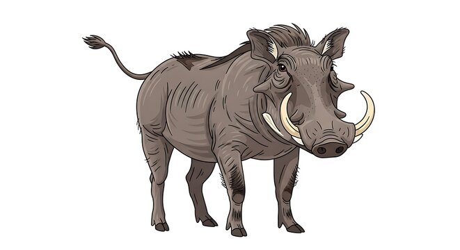 Detailed African Warthog Illustration with Curved Tusks and Alert Expression.