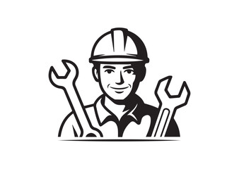 Man in helmet and wrench line art Vector