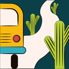 Kids art. Vector illustration of yellow bus in desert with simple hand drawn cactus. Perfect child room interior poster kid book image travel card postcard cover print. Mexican postage stamp. EPS 10 