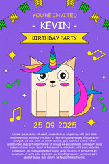 Kids Birthday Invitation flyer. Vector illustration of Birthday Invitation card with cute magic Unicorn and holiday ribbon. Birth poster template design with typography. EPS 10