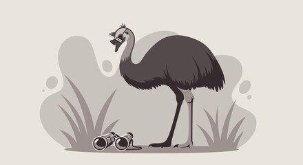 An Emu With Sunglasses Ready To Observe Nature With Its Binoculars In A Neutral Background