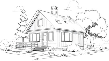 Obraz premium Cozy Family Home Outline Vector with Yard for Graphic Design Projects