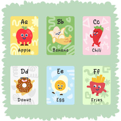 cute hand drawn food illustration of alphabet flashcards design set